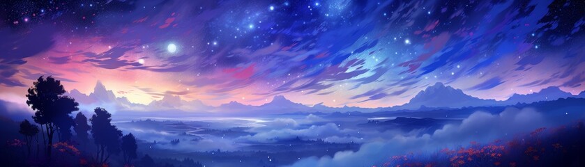 Canvas Print - a blue sky with stars and a mountain in the background