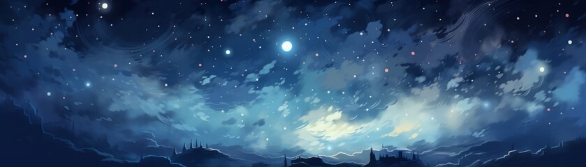 Canvas Print - a blue sky with stars and a mountain in the background