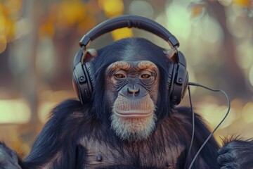 Poster - A curious chimpanzee sits in front of a tree, wearing headphones