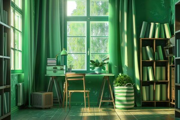 Poster - A cozy study room with a desk and bookshelf, perfect for reading or working