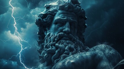 Wall Mural - The God Zeus on the background of a gloomy sky with lightning.