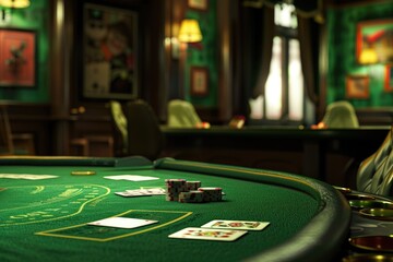 Poster - A picture of a casino table with playing cards and poker chips, ideal for use in images about gaming, entertainment, or leisure activities