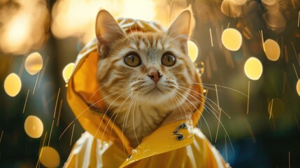 Aufkleber - A cat standing outside on a rainy day, wearing a bright yellow raincoat