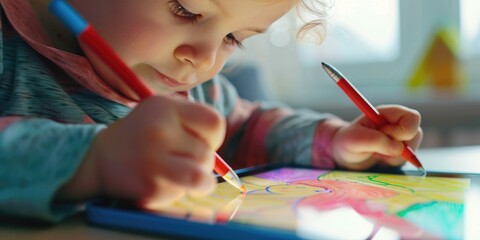 A young girl focused on creating art on her digital tablet