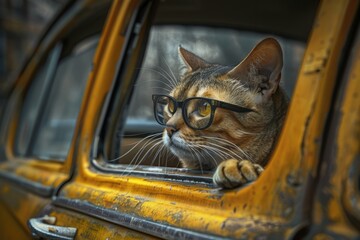 Wall Mural - A curious cat looking out the car window with its glasses on