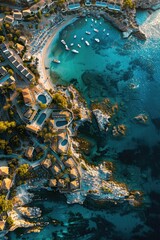 Wall Mural - Aerial view of a resort surrounded by a body of water, suitable for use in travel or tourism marketing materials