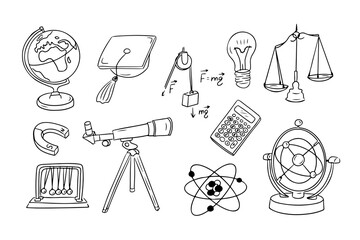 Physics contour doodle collection with academic hat and telescope. Monochrome educational outline stickers. Clipart of sketchy outline drawings isolated on white background