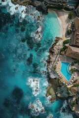 Poster - Aerial view of a resort with a swimming pool, suitable for travel or leisure industry use