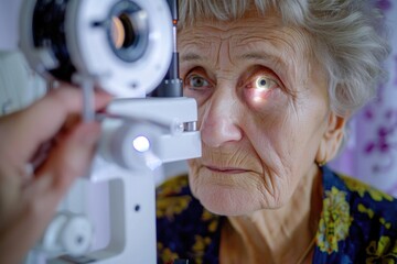 Poster - An older woman uses a magnifying device to examine something close up, possibly for scientific or curiosity purposes