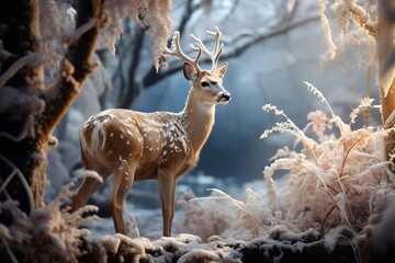 Wall Mural - Beautiful deer in the winter forest. BANNER, LONG FORMAT