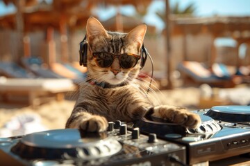 Poster - A feline friend spinning tracks on a vinyl record player, complete with cool shades and earphones