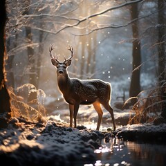 Wall Mural - Fallow deer in winter forest. Wildlife scene from nature series.