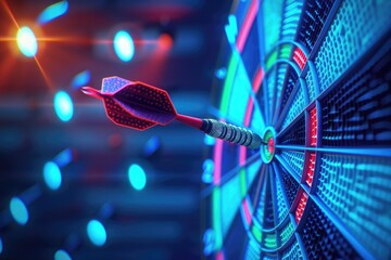 Poster - A close-up shot of a dart flying towards and hitting a target, perfect for illustrating accuracy and precision