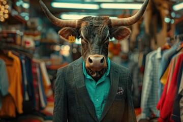 A man wearing a suit and a fake cow head, great for Halloween or costume party use