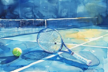 Wall Mural - A tennis racket and ball sit on a tennis court, ready for play