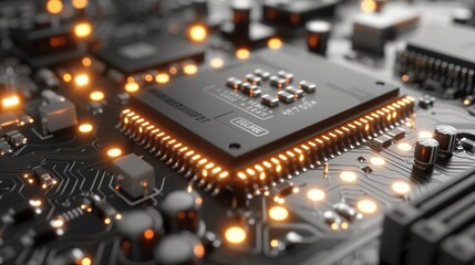 Closeup of a glowing computer microchip on circuit board, showing advanced technology in electronic