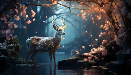 Wall Mural - Beautiful deer in the forest with sakura blossom. 3D rendering
