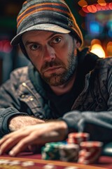Poster - Man playing poker game with chips on the table