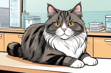 Cartoon illustration, fluffy Cat lying on medical table in of veterinary clinic for examination, concept of medical care for pets, protection of health of animals, consultation, diagnosis, treatment