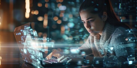 Poster - Woman working on her laptop in a dimly lit room, often used for late night work or study sessions