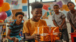 © Iuliia Metkalova - Happy african american teenage boy with disability in wheelchair holds big gift at his birthday party. Generative ai