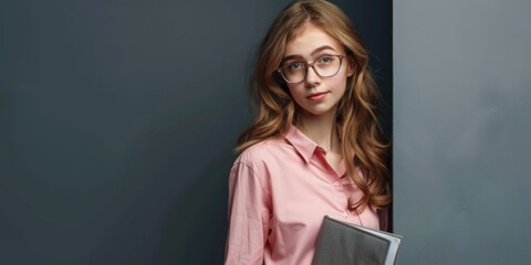 Poster - A woman sitting with a laptop, wearing a pink shirt and glasses