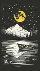 Wall Mural - Landscape with mountains, river, forest and moon. Hand drawn illustration.