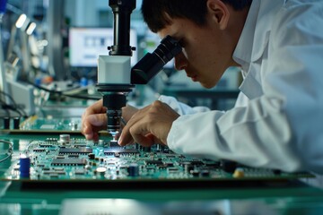 Poster - A person studying electronic components under magnification