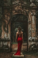 Poster - A woman in a red dress stands in front of a gate, ready to pass through or make an entrance