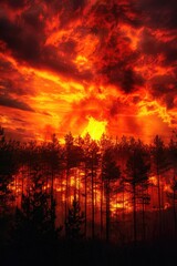 Poster - Forest landscape with sunset view of tree tops, suitable for nature or scenic uses