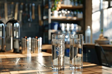 Poster - A glass of water sits on top of a wooden table, simple and clean