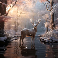 Wall Mural - Deer in the forest during the winter. 3D rendering.