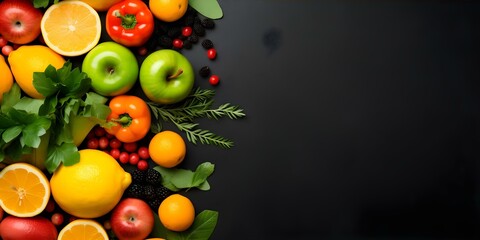 Wall Mural - Arrangement of Various Fruits and Vegetables in a Flat Lay Style on a Vibrant Background. Concept Food Photography, Flat Lay Styling, Fruits and Vegetables, Vibrant Background, Arrangement Techniques