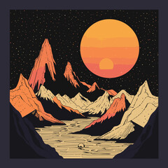 Wall Mural - A mountain range with a river and a large orange sun in the sky