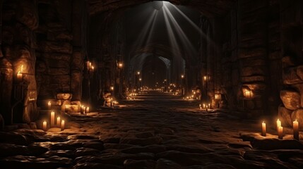 Wall Mural - A dark, narrow tunnel with many candles lit up. Scene is eerie and mysterious