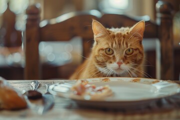 Wall Mural - A domestic cat sitting at a table with a plate of food, great for pet-related or home decor content