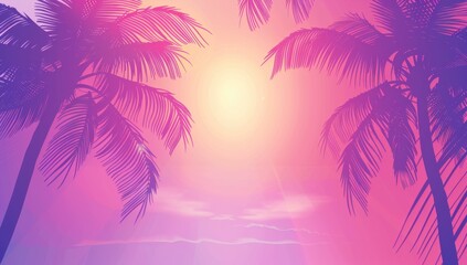 Wall Mural - banner background with palm trees, sunset, and sun rays abstract gradient of pink to purple hues gen