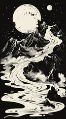 Mountain landscape with lake and full moon. Black and white vector illustration.