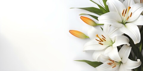 White background with lily ample space for text on funeral program. Concept Funeral Program Design, Lily Theme, White Background, Space for Text