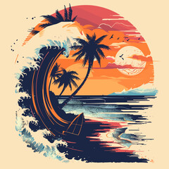 Wall Mural - Beautiful sunset with palm trees on the beach. Vector illustration.