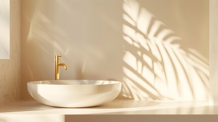 Morning sunlight on an empty bathroom counter with a luxury round ceramic washbasin and golden faucet, minimalistic design, photorealistic, blank space for product display