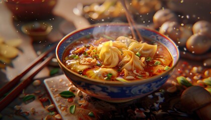 delicious spicy wonton soup traditional asian food.