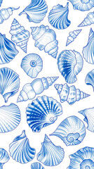 Naklejka na meble A seamless repeating blue pattern of seashells on white background