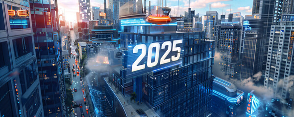 neon sign with the year number “2025” in a futuristic city, modern new year card design