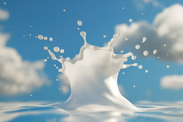 Wall Mural - milk splash on blue background,Immerse yourself in the freshness of dairy products with this captivating 3D-rendered image of a milk drop splash, isolated against a serene blue sky background