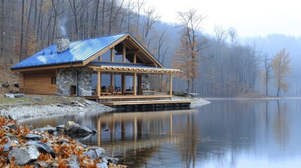 Wall Mural -  A rustic cabin by a serene lake