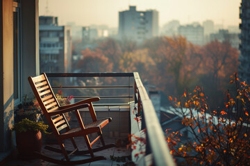 Wall Mural - A rocking chair on a balcony overlooking a bustling cityscape.