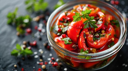 canned tomatoes in glass jar with herbs and spices on a dark background, copy space, place for text, cooking school, perfect recipe, vegetarian cooking, healthy food, healthy eating, healthy food