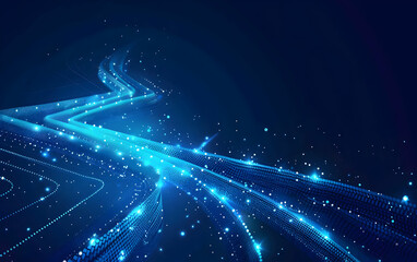 Futuristic abstract blue technology background with glowing light trails and particles, representing data flow and digital communication.