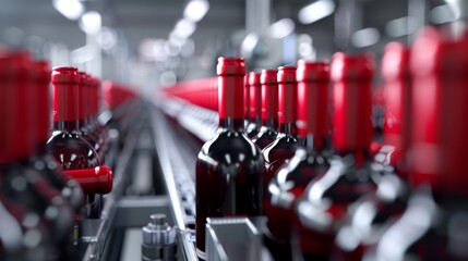 Red wine bottle production line in a factory, bottles on conveyor belts, minimalist and photo realistic, ideal for food industry visuals